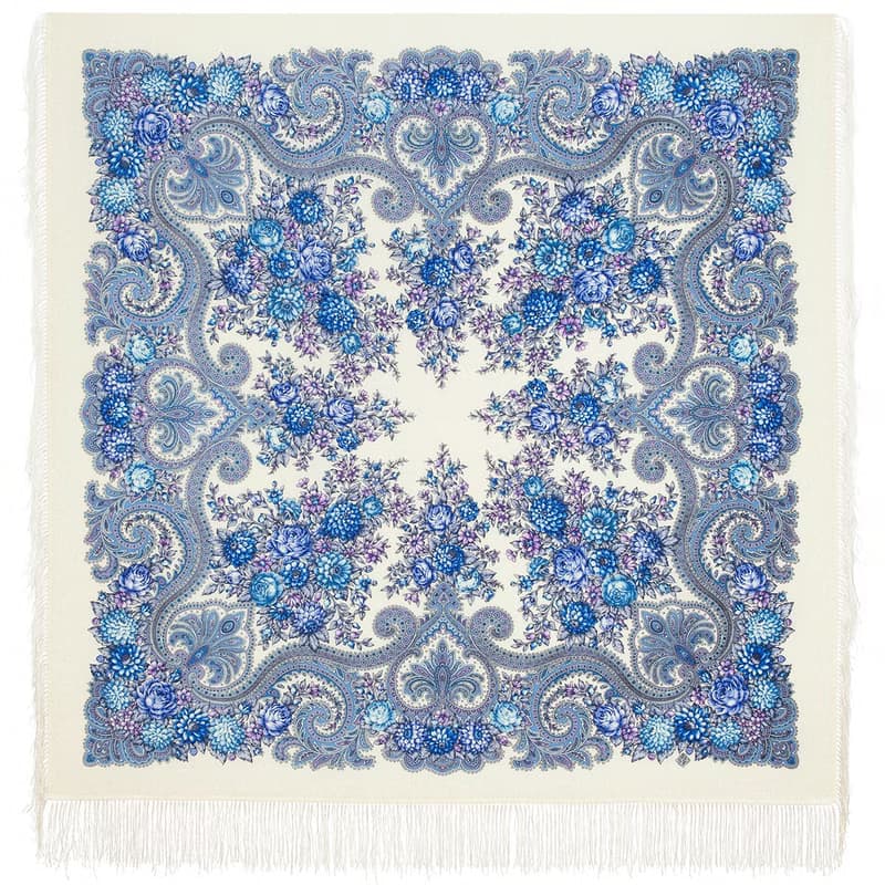 Pavlovo Posad Russian Shawl 100% Wool Scarf 125x125 cm Wrap Silk Fringe 2036-1