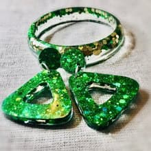 Green glitter jewelry set,resin bangle and long drop earrings