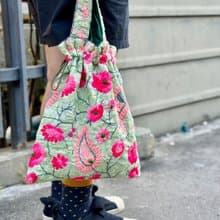 手工刺繡 淺綠色 花卉 索繩束口 手袋 手提包