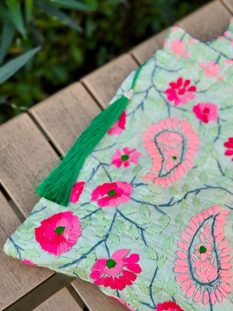 手工刺繡 淺綠色 花卉 索繩束口 手袋 手提包