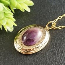 Amethyst Locket Necklace Purple Violet Oval Gold Locket Pendant Necklace Jewelry