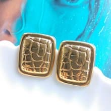 Vintage Jewelry 西洋古董飾品 金色調 鱷魚紋 小方形 針式耳環