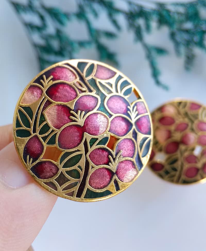【西洋古董飾品 】景泰藍 漸層黑紅 花卉團簇 夾式耳環