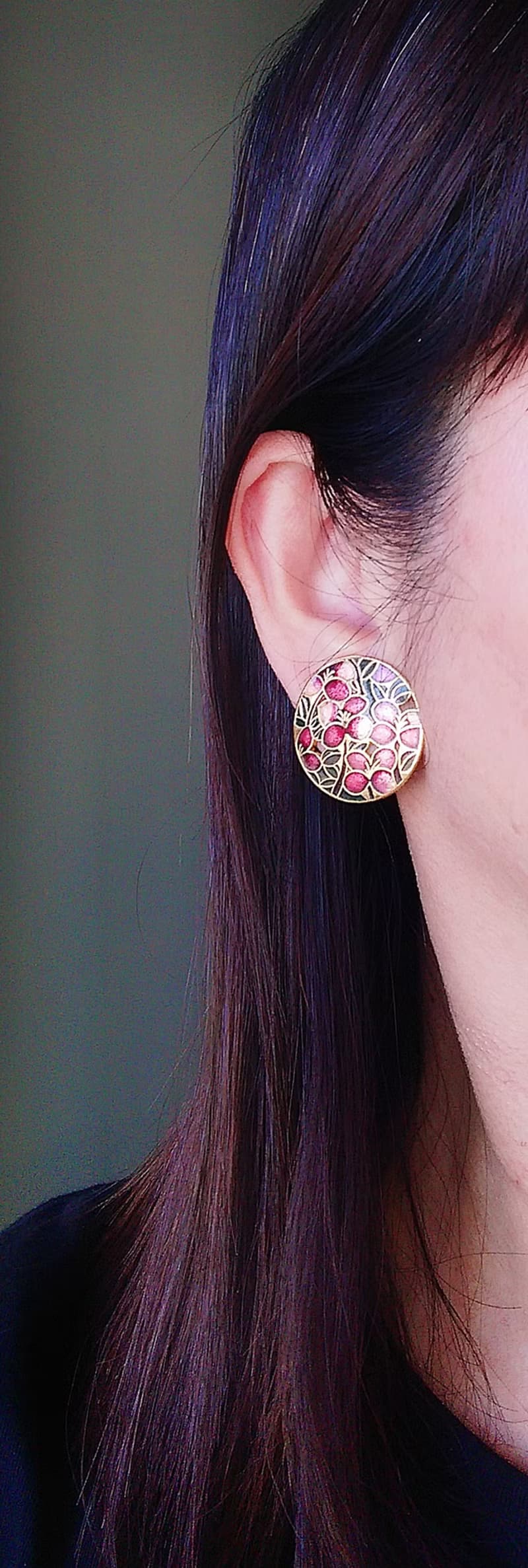 【西洋古董飾品 】景泰藍 漸層黑紅 花卉團簇 夾式耳環