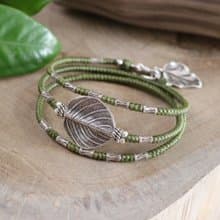 三圈手工編織蠟線手鍊搭配葉珠和吊飾泰銀 手作泰國飾品 葉子手鍊