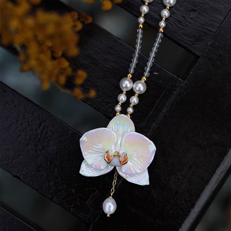 【蝴蝶蘭】春季新品炫彩珍珠水晶陶瓷鎖骨鏈項鏈胸針