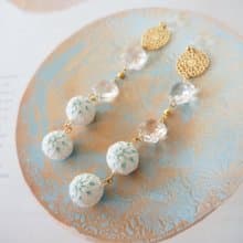 傳統工藝 手鞠球 刺繡 耳環 睡蓮 水晶  長鏈 綠 白色