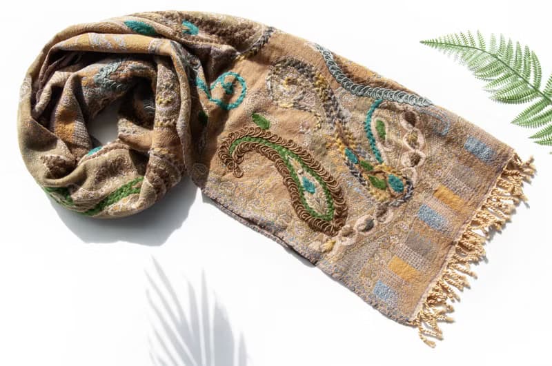 喀什米爾Cashmere/水煮羊毛披肩/針織圍巾/刺繡圍巾/羊絨披巾-花
