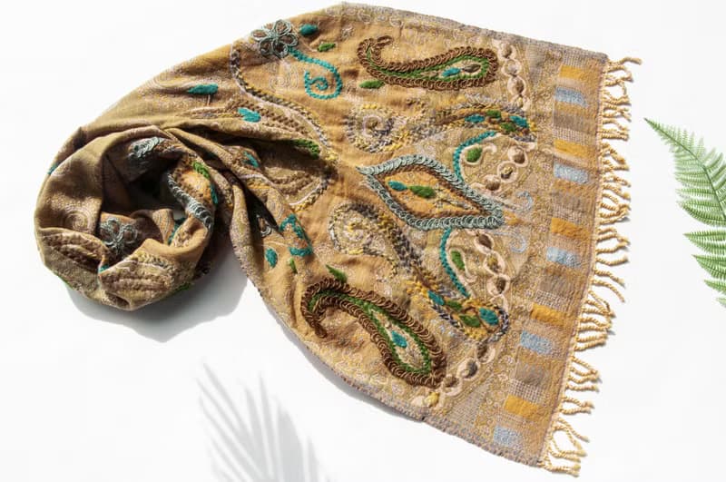 喀什米爾Cashmere/水煮羊毛披肩/針織圍巾/刺繡圍巾/羊絨披巾-花