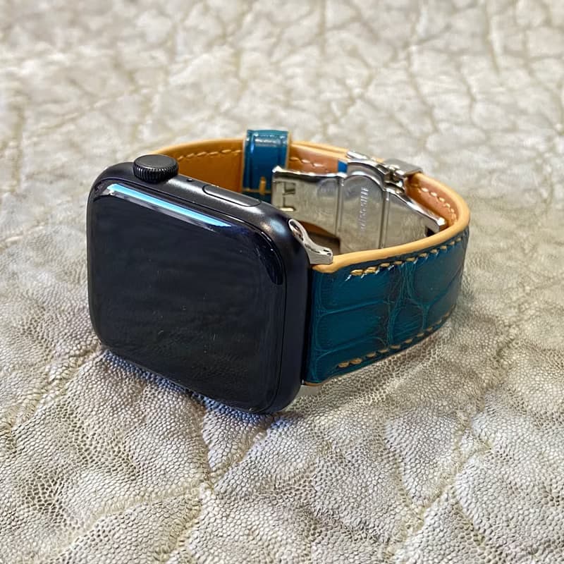 アップルウォッチ用ベルト / 手縫い・ アリゲーター・コバルトグリーン For 42/44/45/46/49mm 時計バンド　アップルウォッチ用バンド　日本製