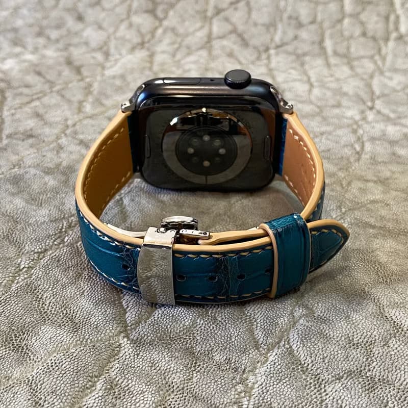 アップルウォッチ用ベルト / 手縫い・ アリゲーター・コバルトグリーン For 42/44/45/46/49mm 時計バンド　アップルウォッチ用バンド　日本製