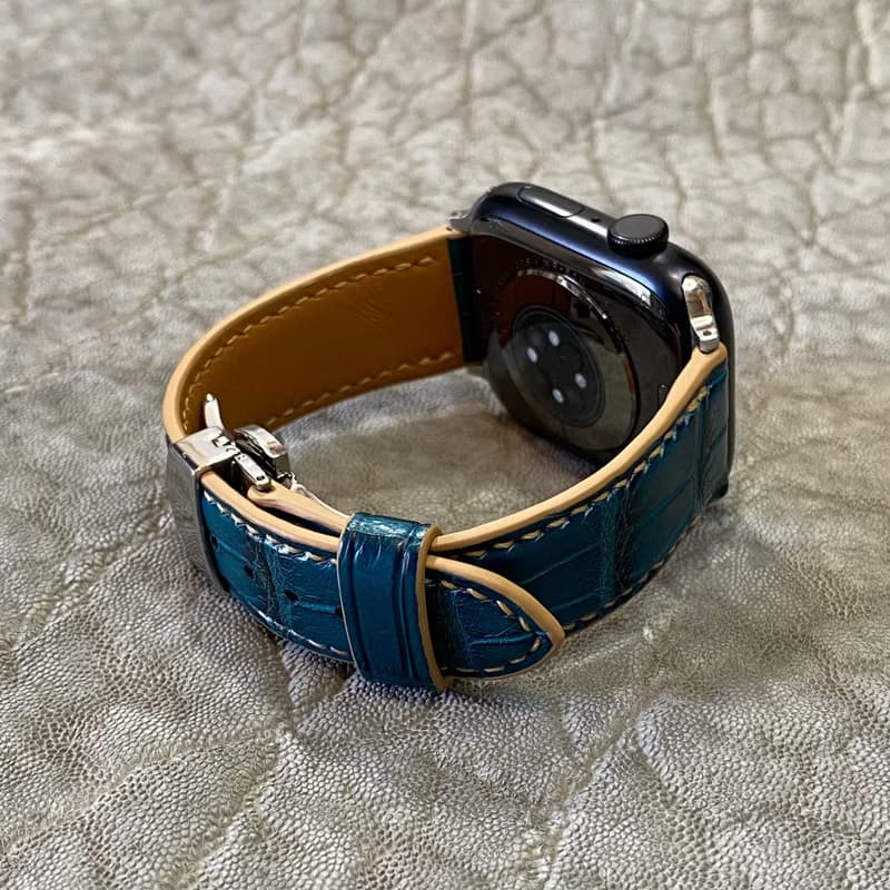 アップルウォッチ用ベルト / 手縫い・ アリゲーター・コバルトグリーン For 42/44/45/46/49mm 時計バンド　アップルウォッチ用バンド　日本製