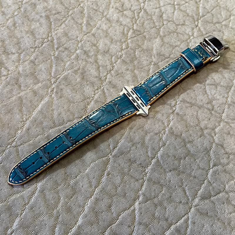 アップルウォッチ用ベルト / 手縫い・ アリゲーター・コバルトグリーン For 42/44/45/46/49mm 時計バンド　アップルウォッチ用バンド　日本製