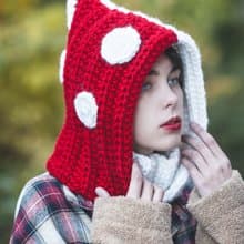 Toadstool pointed hat, Red amanita mushroom hat, Crochet mushroom hooded cowl