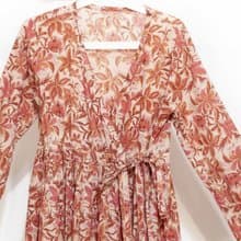 女裝木刻印純棉洋裝 印度棉長袖連衣裙 手工蓋印有機棉連身裙-花