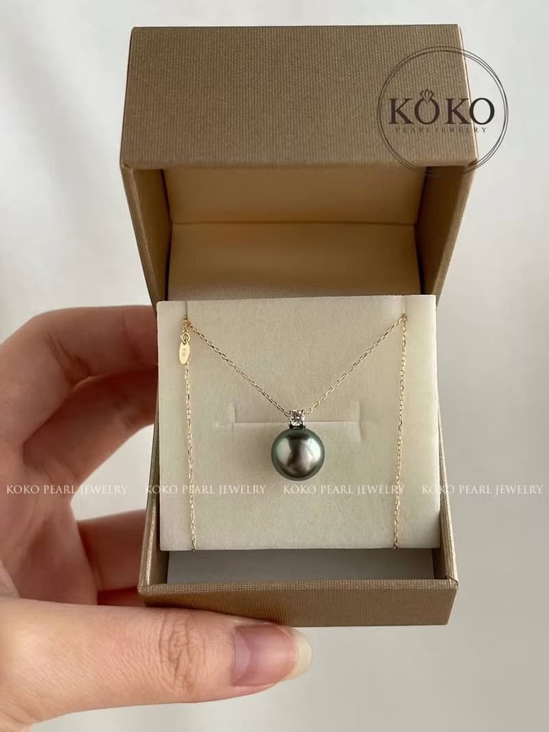 京都直送 大溪地黑珍珠項鏈 孔雀綠珍珠吊墜 10-11mm 0.1克拉 18k