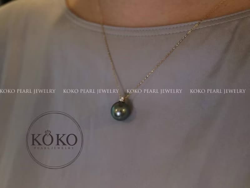 京都直送 大溪地黑珍珠項鏈 孔雀綠珍珠吊墜 10-11mm 0.1克拉 18k