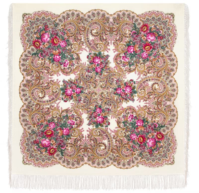 Pavlovo Posad Russian Shawl 100% Wool Scarf 125x125 cm Wrap Silk Fringe 2105-0