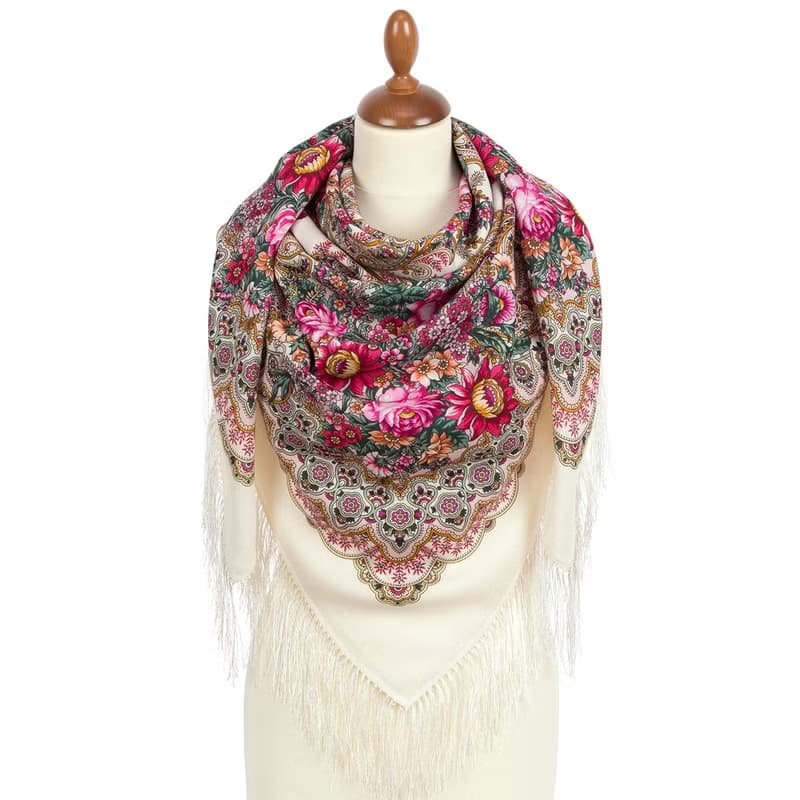 Pavlovo Posad Russian Shawl 100% Wool Scarf 125x125 cm Wrap Silk Fringe 2105-0