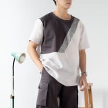 Blue & J Natural Linen Crew Neck Shirt Three Colors Block- Grey/Taupe/Silver