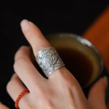 VISHI寶相花足銀戒指 原創設計手工銀999純銀指環中國風開口戒指