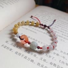 手作 春將至。天然黃翡翠復古編織手繩 南紅 玉錢雕刻 平安手鏈