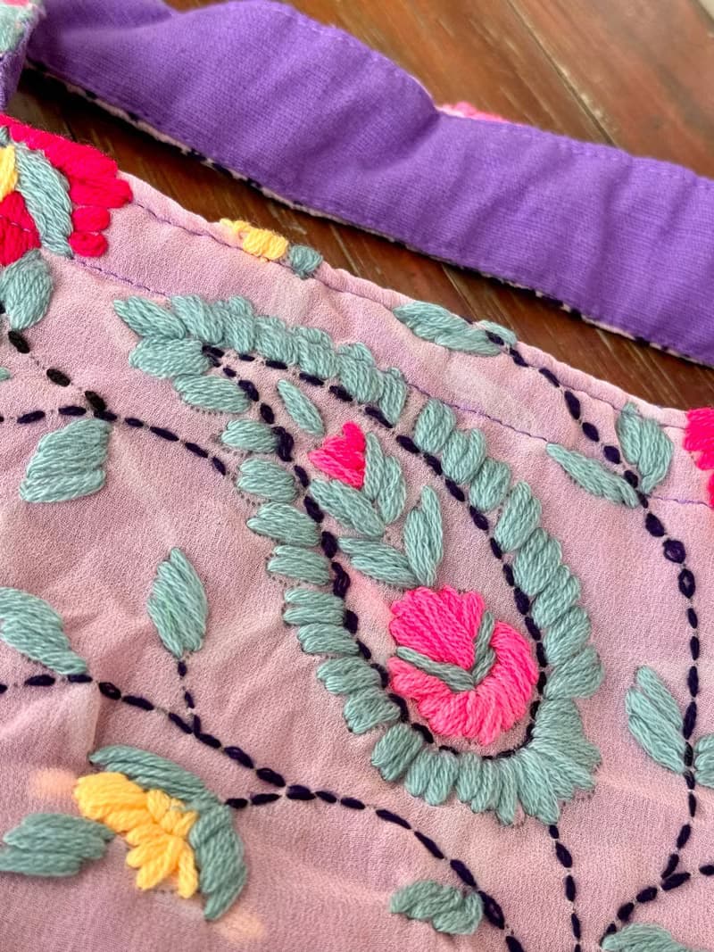 手工刺繡 粉紫色 花卉 斜背包 肩背包 斜孭袋 單肩包 側肩包