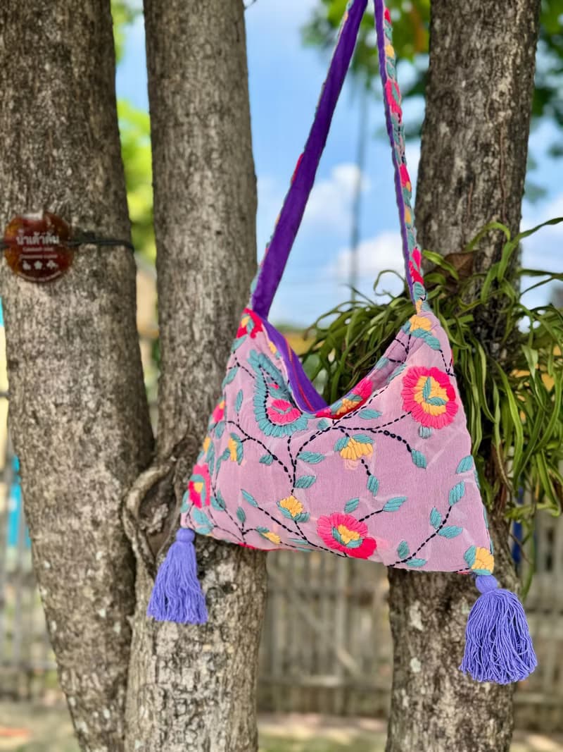 手工刺繡 粉紫色 花卉 斜背包 肩背包 斜孭袋 單肩包 側肩包