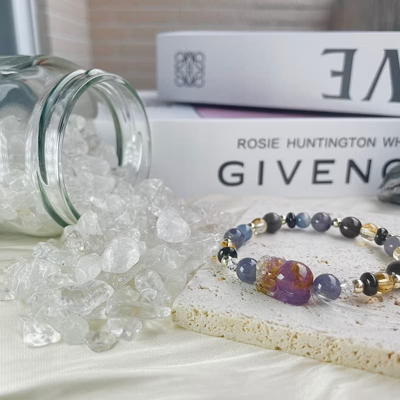 紫幽靈貔貅 開運手鍊 招財水晶 堇青石 藍晶石 黃水晶 黑瑪瑙