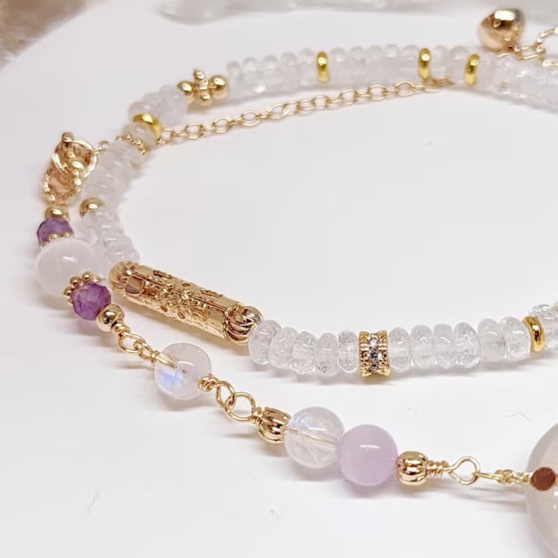 柔光心棲。月光石 紫鋰輝 紫水晶 透石膏 白水晶 水晶手鍊