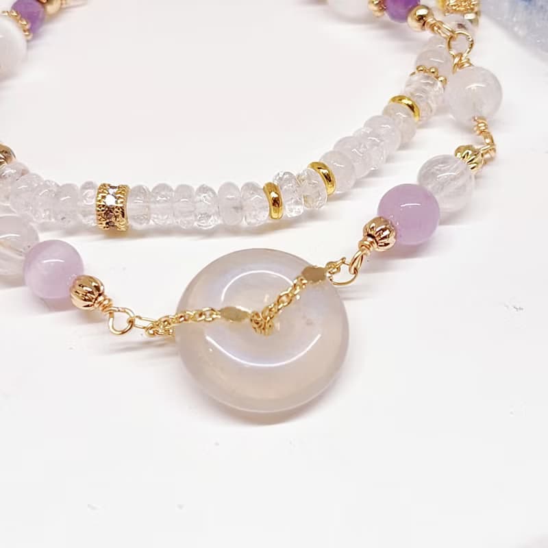 柔光心棲。月光石 紫鋰輝 紫水晶 透石膏 白水晶 水晶手鍊