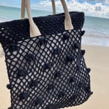 Black and white Minimal hand crochet tote with lucky pearl bag charm,Vintage bag