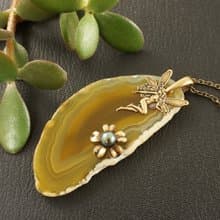 Yellow Agate Slice Slab Brass Fairy Flower Pendant Necklace Woman Jewelry Gift