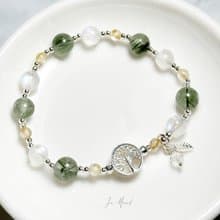 光之森-綠髮晶.鈦晶.月光石-純銀設計款手鍊