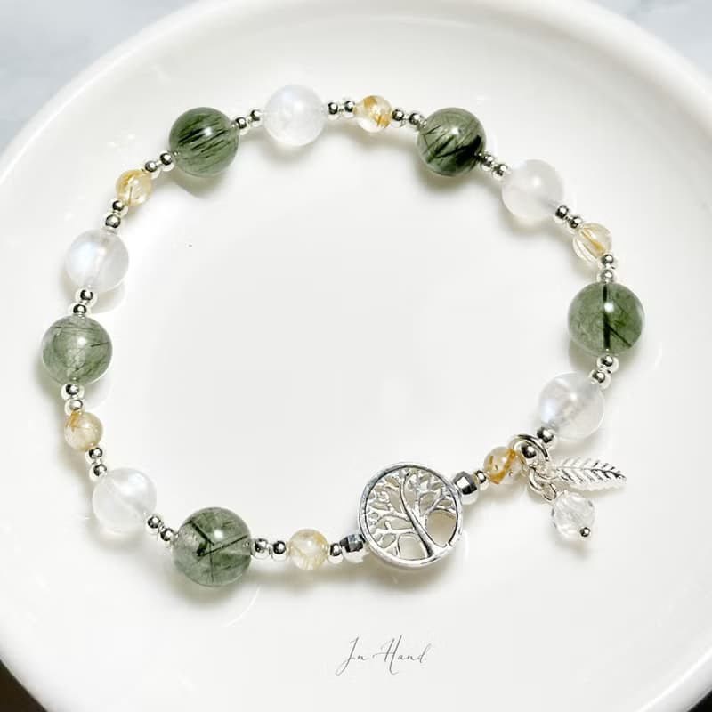 光之森-綠髮晶.鈦晶.月光石-純銀設計款手鍊