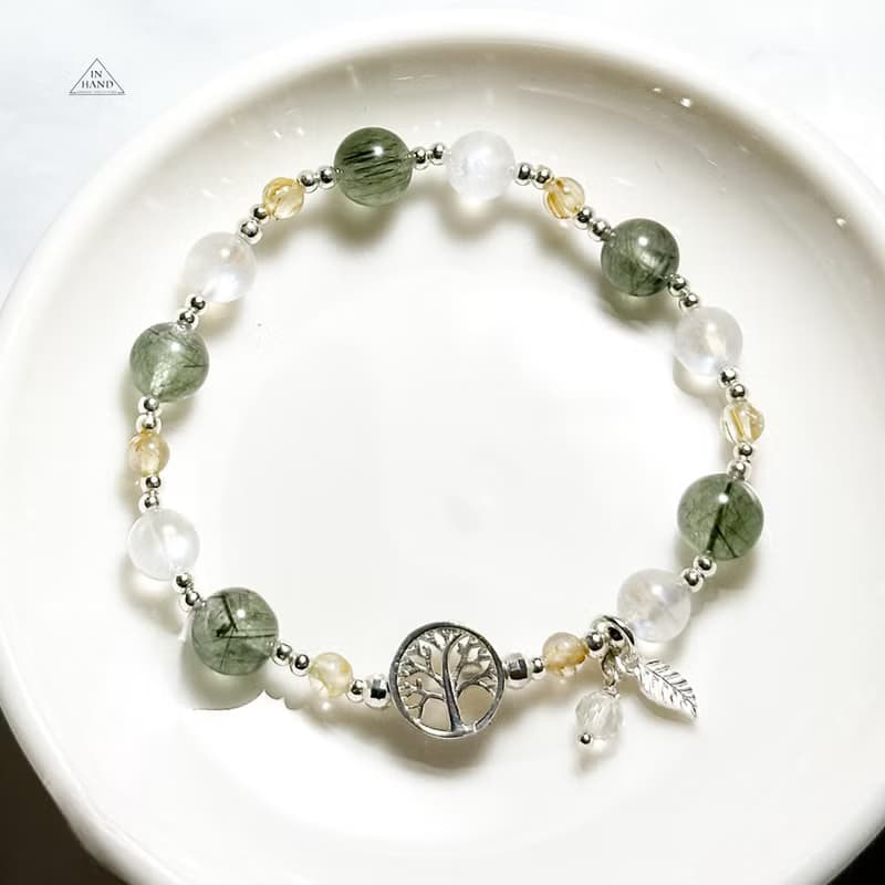 光之森-綠髮晶.鈦晶.月光石-純銀設計款手鍊