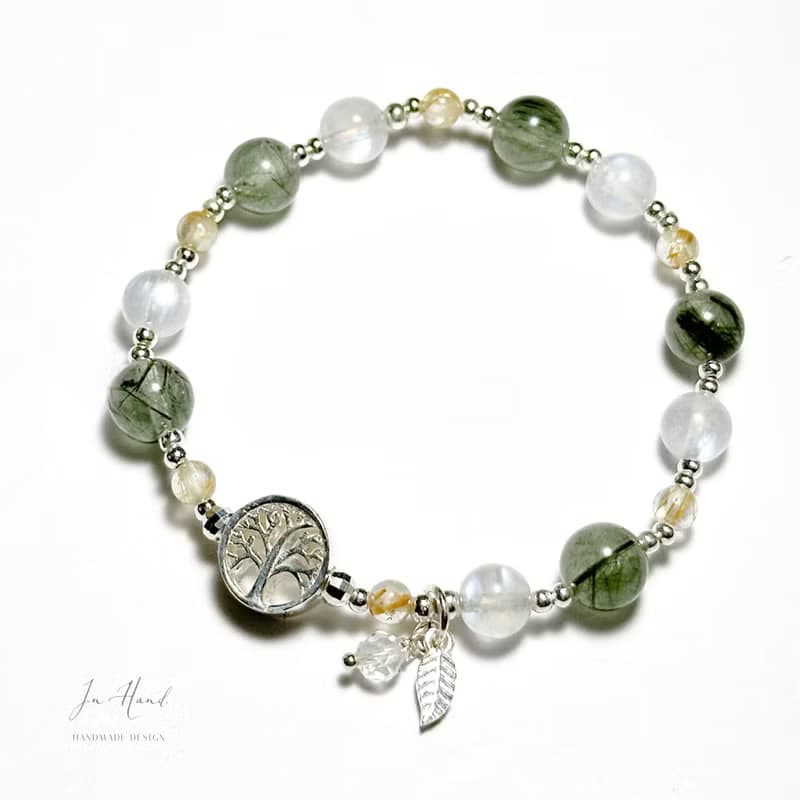 光之森-綠髮晶.鈦晶.月光石-純銀設計款手鍊