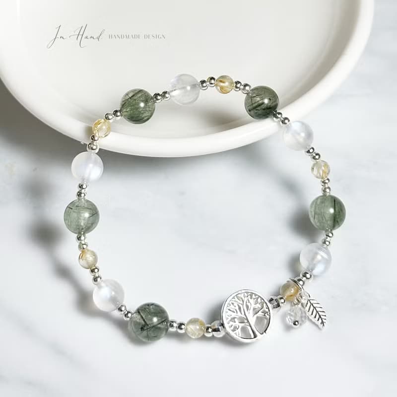 光之森-綠髮晶.鈦晶.月光石-純銀設計款手鍊
