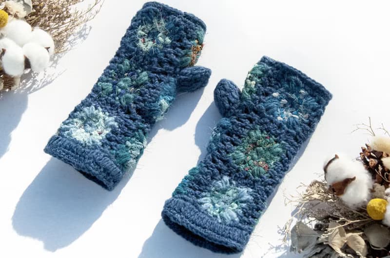 手織純羊毛針織手套/露趾手套/內刷毛手套/保暖手套-回收布條鉤織