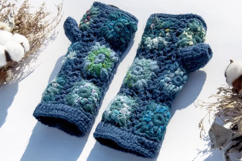 手織純羊毛針織手套/露趾手套/內刷毛手套/保暖手套-回收布條鉤織