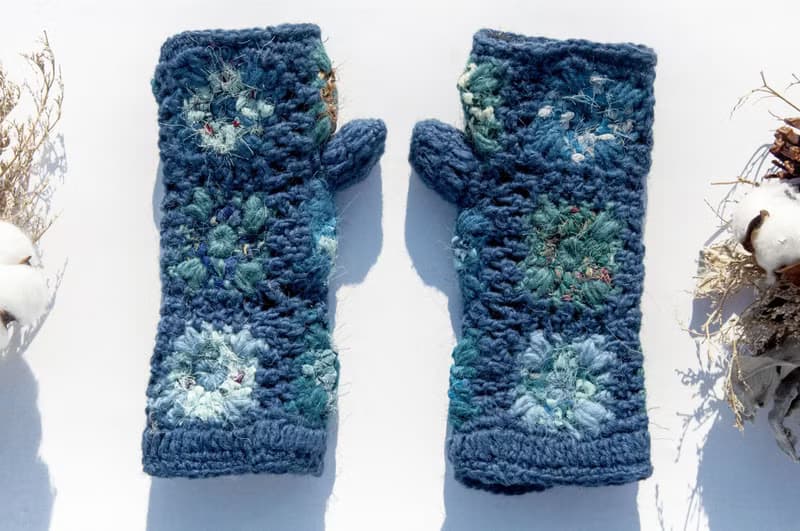 手織純羊毛針織手套/露趾手套/內刷毛手套/保暖手套-回收布條鉤織