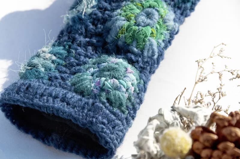 手織純羊毛針織手套/露趾手套/內刷毛手套/保暖手套-回收布條鉤織