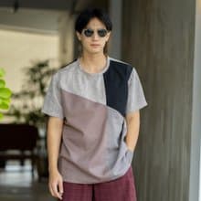 Blue & J Natural Linen Crew Neck Shirt Multi Colors Block- Grey/Black/Pale Brown