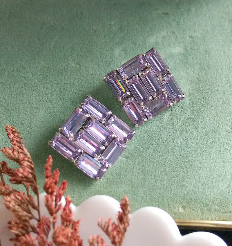 【西洋古董飾品 】WEISS 萊茵方鑽 幾何  夾式耳環