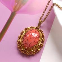 【西洋古董飾品】西德製 簍空花邊框 粉紋石 項鍊