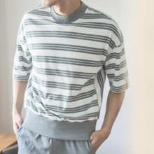 UMORFIL膠原蛋白條紋五分袖男居家服-麻花灰/父親節