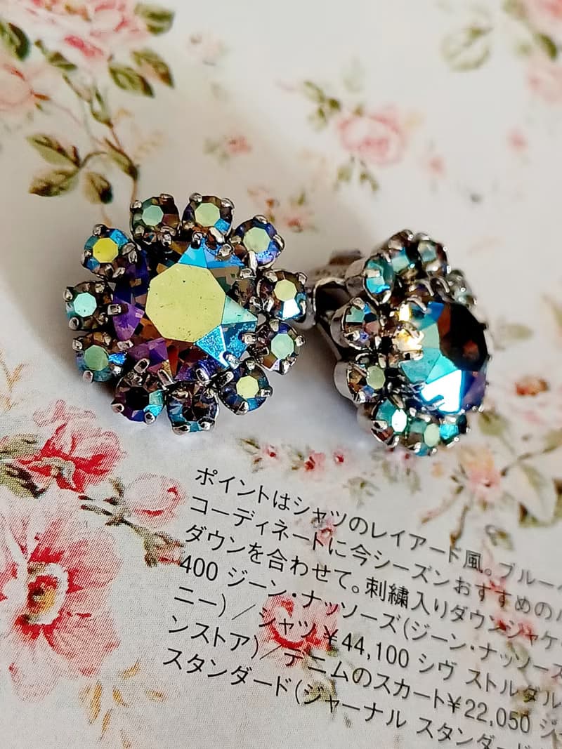 vintage jewelry  奧地利 典雅極光萊茵鑽 夾式耳環