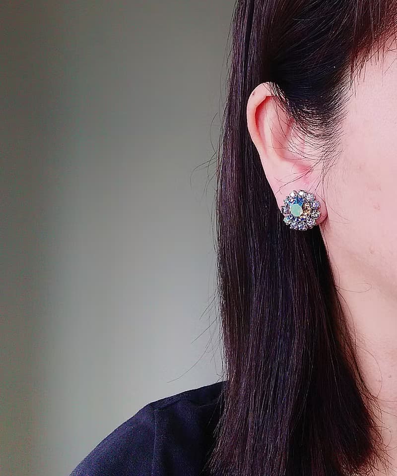 vintage jewelry  奧地利 典雅極光萊茵鑽 夾式耳環