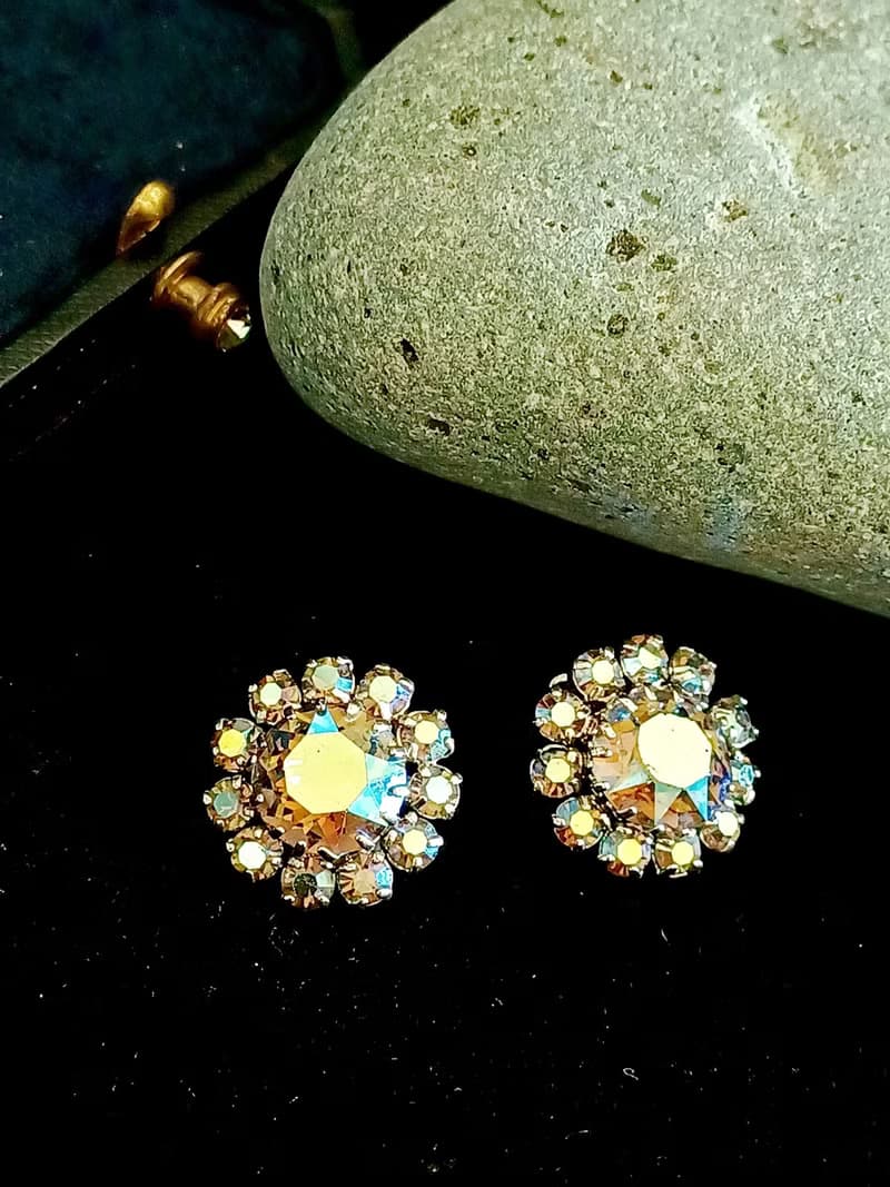 vintage jewelry  奧地利 典雅極光萊茵鑽 夾式耳環