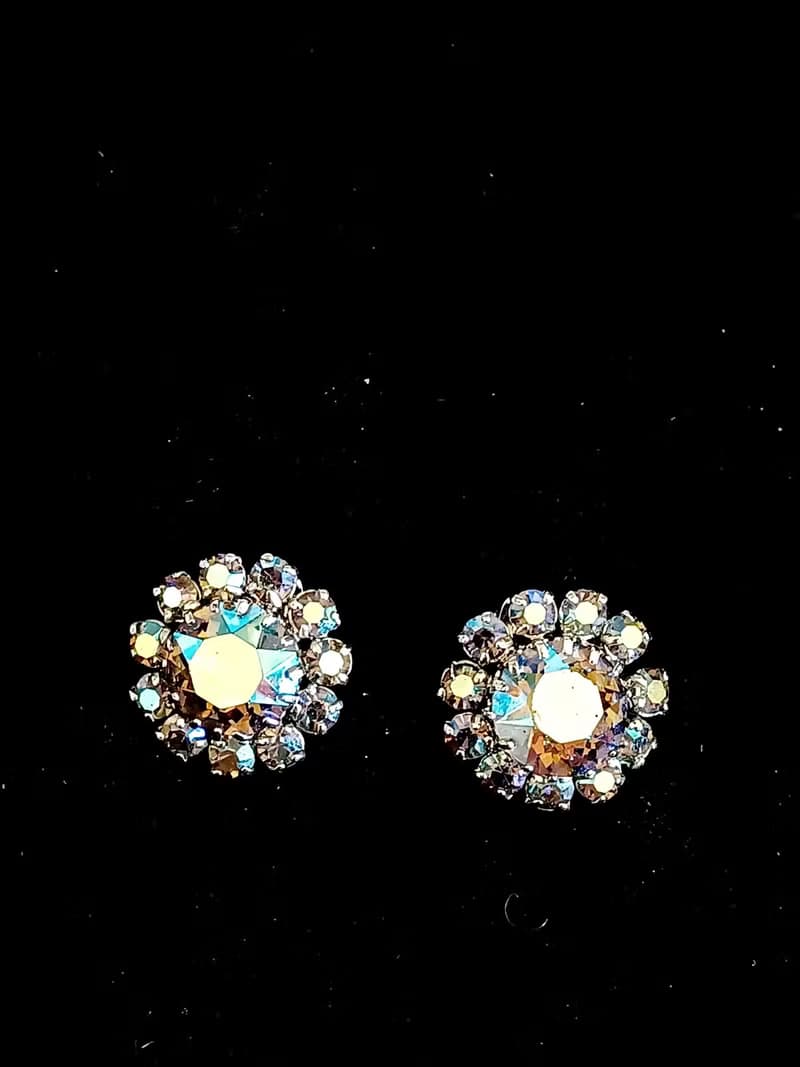 vintage jewelry  奧地利 典雅極光萊茵鑽 夾式耳環